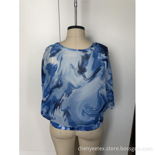 Tie-dyed chiffon top with round collar